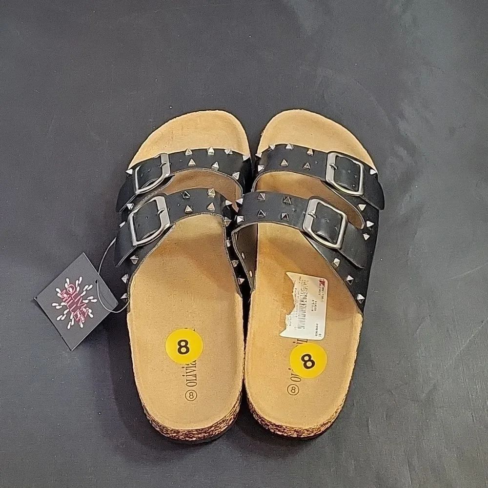 BRAND NEW OLIVIA MILLER DOUBLE STRAP PYRAMID STUDDED DETAILING ROUND TOE SANDAL - Picture 8 of 13